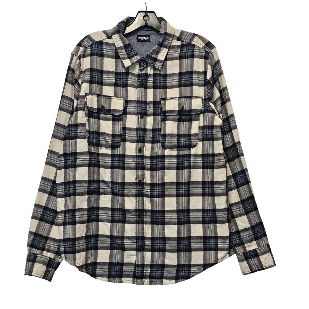 Buffalo David Bitton Mens Blue White Plaid Flannel Button Down Shirt Large L
